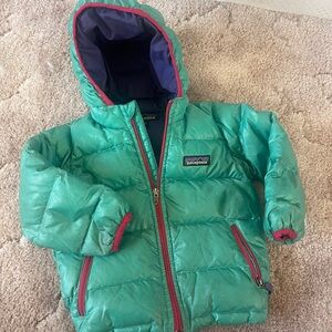 Patagonia Baby Hi-Loft Down Teal Coat With Hood Size 6-12 M 90s Retro